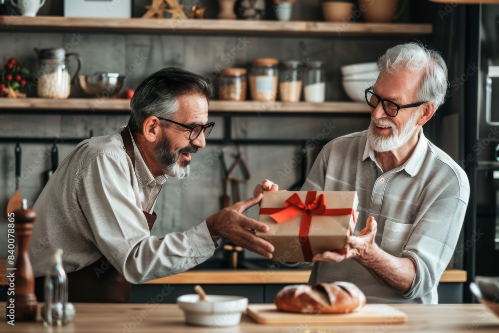 Father's Day presents are opened by a smiling guy touching the shoulders of his pleased dad Father's Day presents are opened by a smiling guy touching the shoulders of his pleased dad