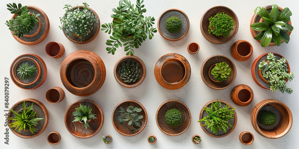 Overhead View of Small Potted Plants in Garden Overhead View of Small Potted Plants in Garden
