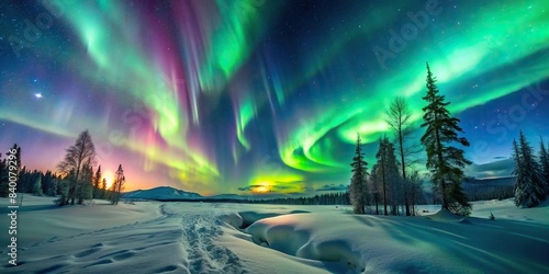 Surreal northern lights over snowy landscape , northern lights, aurora borealis, surreal, snowy, winter, cold, icy, magical, ethereal, night sky, stars, arctic, scenery, tranquil, remote