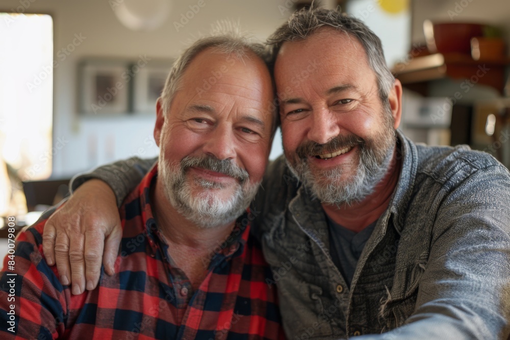 Overjoyed mature father hugs his adult son; excited grandfather chats with grown up grandson; two generations bond over leisure time. Overjoyed mature father hugs his adult son; excited grandfather chats with grown up grandson; two generations bond over leisure time.