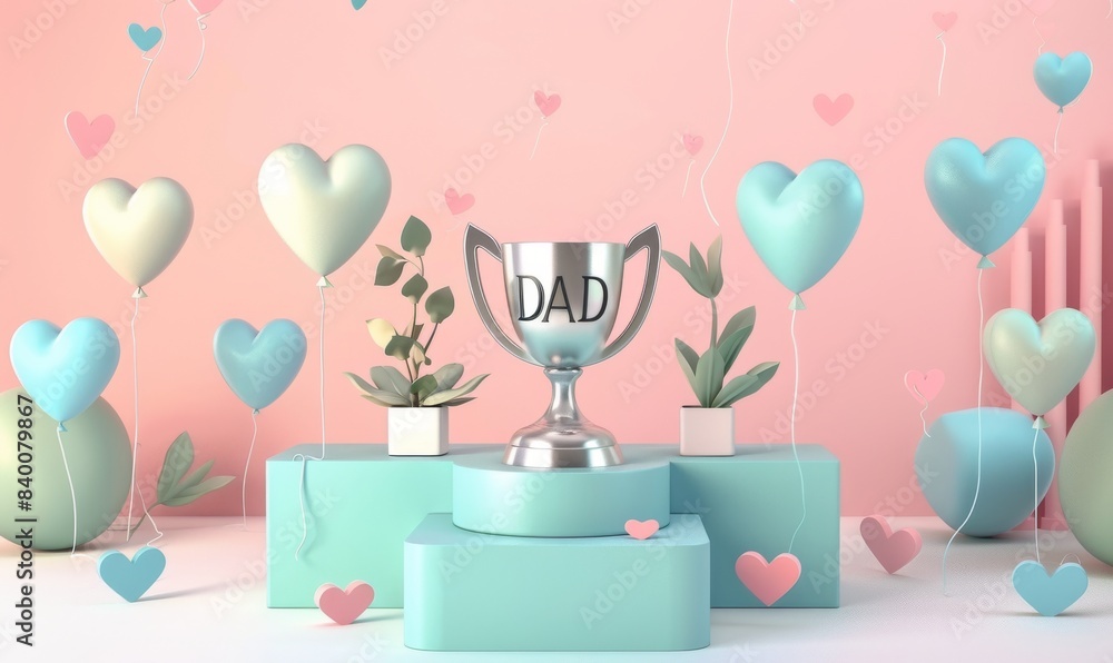 Happy Father's Day podium decoration with trophy, balloons, leaves, copy space text, and 3D rendering illustration Happy Father's Day podium decoration with trophy, balloons, leaves, copy space text, and 3D rendering illustration