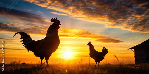 Silhouette of a rooster and hen on a farm at sunset, rooster, hen, silhouette, farm, sunset, poultry, animals, rural, agriculture, livestock, nature, dusk, shadow, bird, domestic, pair photo