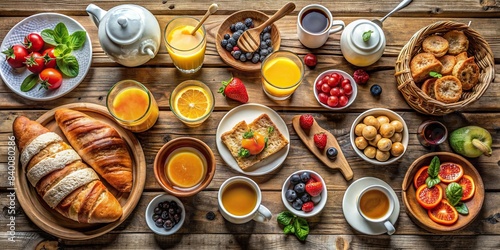 Breakfast spread on a rustic wooden table , morning, nutritious, food, meal, delicious, fresh, healthy, table setting, coffee, tea, fruit, toast, eggs, bacon, pancakes, orange juice © guntapong