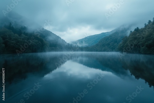 The calm lake rests amidst the misty mountains and verdant trees