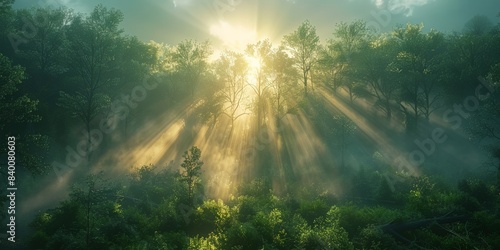Sun shines through trees in foggy forest, creating tranquil atmosphere