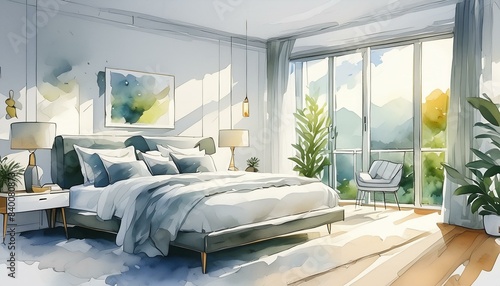 serene and minimalist white bedroom interior with soft natural light watercolor painting