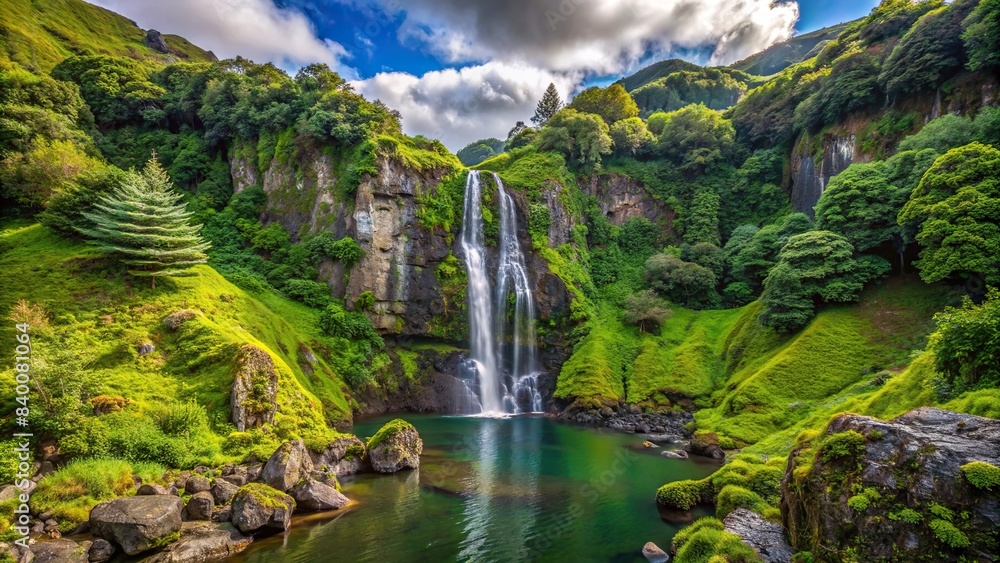 Scenic view of the waterfall Salto do Cabrito in Sa~o Miguel Island, Azores, Portugal, waterfall, natural, landscape, Sa~o Miguel, Azores, Portugal, Salto do Cabrito, powerful, majestic