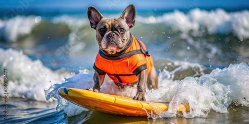 Determined French Bulldog wearing life jacket surfing at busy beach , surfing, French Bulldog, determined, life jacket, beach, crowded, water sports, adventure, pet, animal, ocean, fun, waves © Woonsen