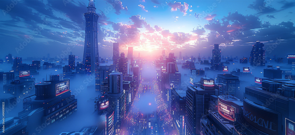 A commercial center of a future city, with commercial streets, shops, high-rise buildings, blue-purple tones. Generative AI. A commercial center of a future city, with commercial streets, shops, high-rise buildings, blue-purple tones. Generative AI.