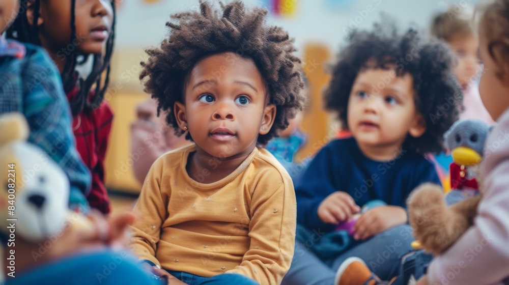 In a classroom, a group of small children is sitting on the floor, listening to their teacher. In a classroom, a group of small children is sitting on the floor, listening to their teacher.