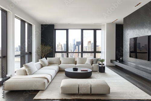 Minimalist Living Room with Monochrome Decor, Living room featuring monochrome decor and sleek furniture