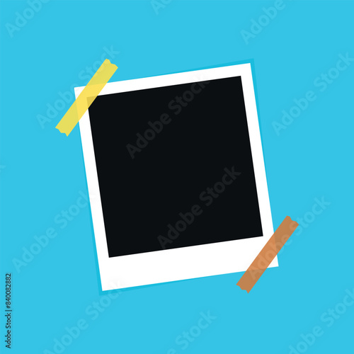 Vintage photo frame with adhesive tape on blue background. Vector EPS10 Mockup. Retro photo frame template