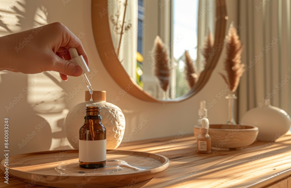 A closeup shot shows hands applying essential oil to an empty dropper bottle on a table next to a wooden mirror in a modern home A closeup shot shows hands applying essential oil to an empty dropper bottle on a table next to a wooden mirror in a modern home