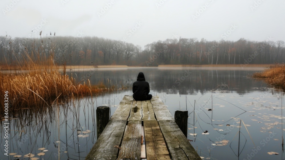 Obraz premium person sits at the end of a weathered dock, gazing out over a serene, mist-covered lake surrounded by autumn reeds