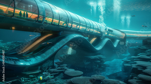A long underwater tunnel with stairs leading to it. The tunnel is surrounded by coral and has a futuristic feel to it photo