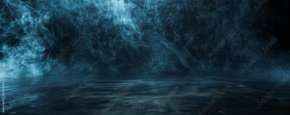 The fog and smoke is floating on a table in front of a black dark background - Halloween Backdrop The fog and smoke is floating on a table in front of a black dark background - Halloween Backdrop