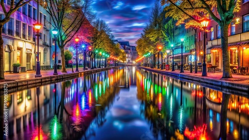 City street with colorful lights reflecting in water , urban, nightlife, lights, reflection, cityscape, water, street, colorful, vibrant, evening, downtown, architecture, metropolitan