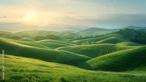 Rolling hills with sunlight  serene landscape  natural beauty  copy space