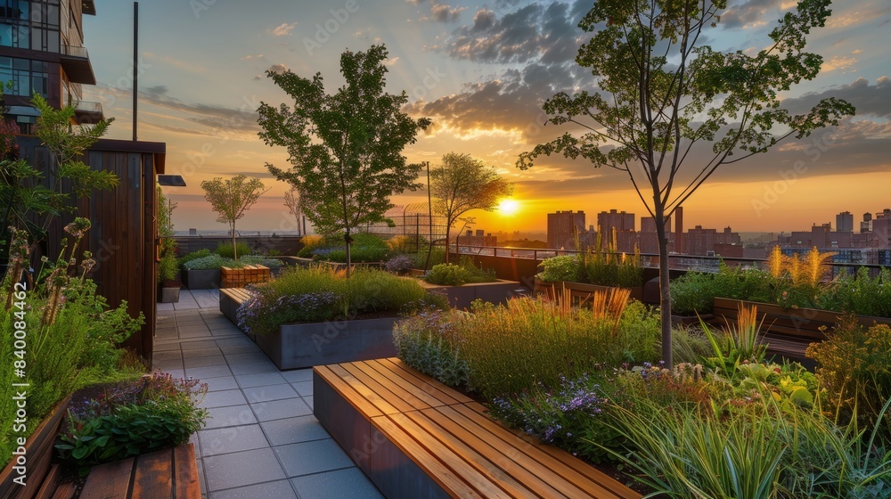 Fototapeta premium Generative AI creates a high angle view of a green roof garden in a big city.