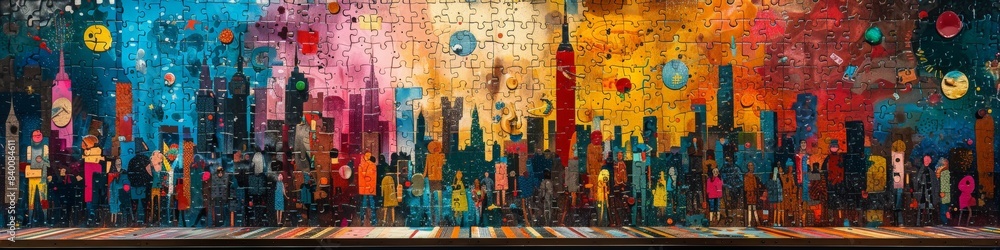 A large colorful painting depicting a city skyline at night A large colorful painting depicting a city skyline at night