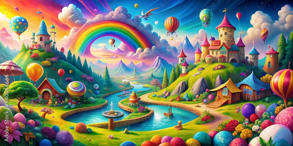 Surreal, colorful, and dynamic composition featuring fun and entertaining elements in a happy fantasy landscape view