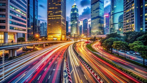 Dynamic urban landscape showing blurred lights and movement of traffic in a modern city , speed, motion, abstract, urban environment, fast-paced, connectivity, modern cities, cityscape