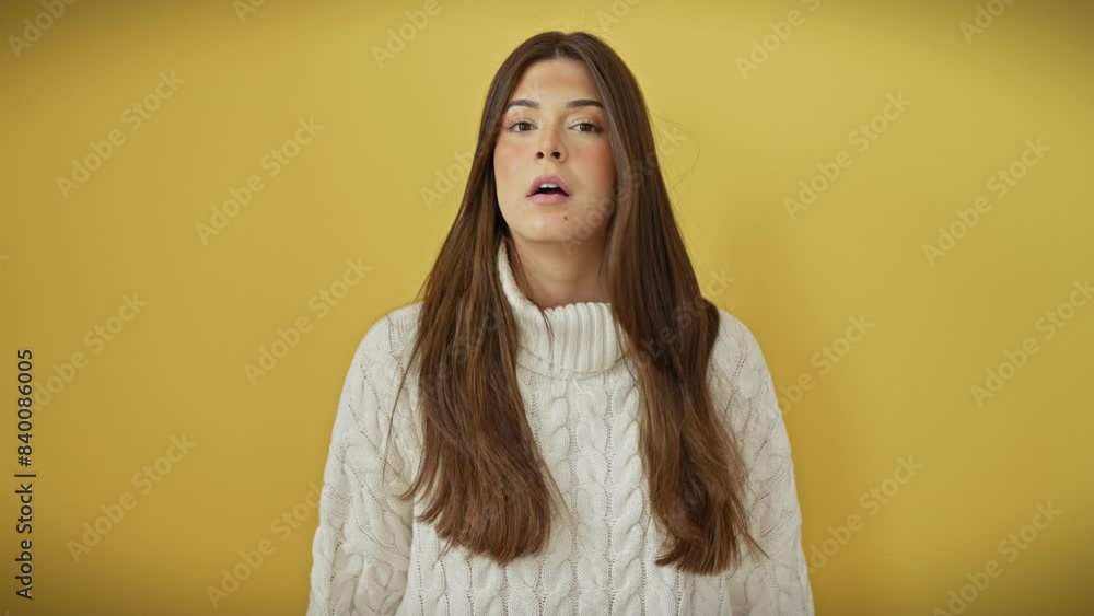 Shh! young and beautiful hispanic woman in a sweater gesturing for quiet. portrait of silence and secrets over a vibrant yellow cutout wall. Shh! young and beautiful hispanic woman in a sweater gesturing for quiet. portrait of silence and secrets over a vibrant yellow cutout wall.