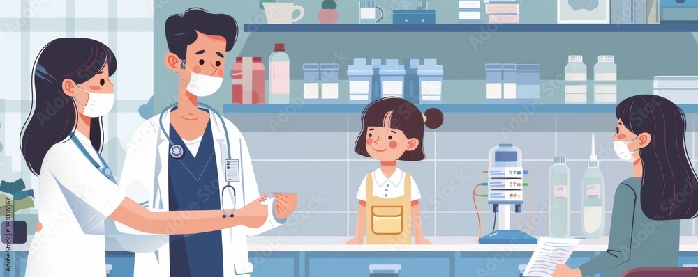 During a surgical examination, a little girl is with her mother. During a surgical examination, a little girl is with her mother.