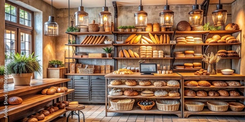 Cozy bakery shop with artisan breads and vintage decor , artisan, bread, pastries, cozy, bakery, shop, vintage, decor, baked goods, wholesome, rustic, warm, inviting, traditional, European