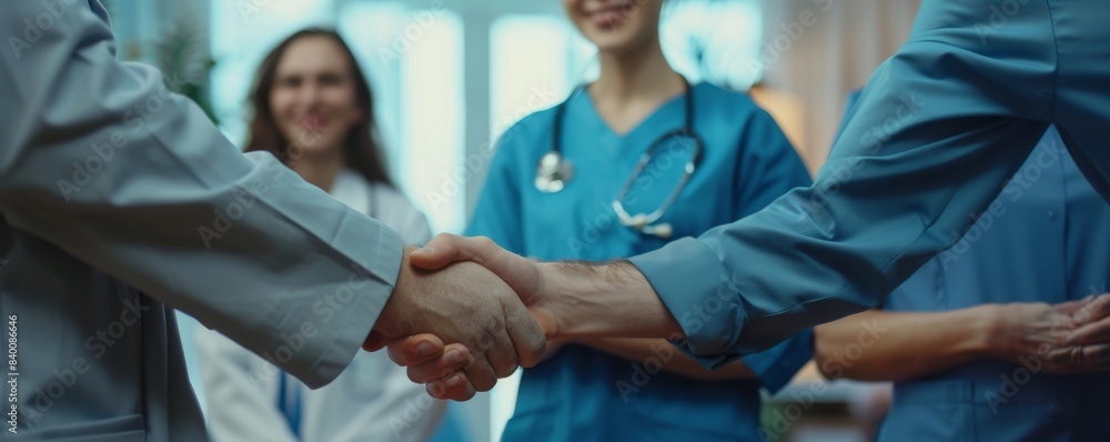A pharmaceutical sales representative talks to a doctor in a medical building and convinces her to try a new pharmaceutical product while shaking hands with the doctor. The doctor holds a box with A pharmaceutical sales representative talks to a doctor in a medical building and convinces her to try a new pharmaceutical product while shaking hands with the doctor. The doctor holds a box with