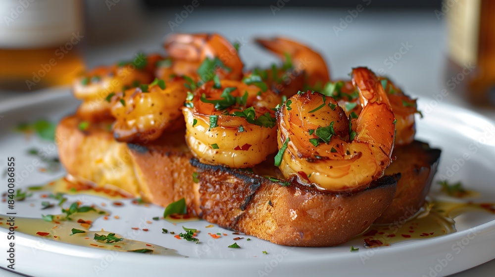 A piece of shrimp toast with crispy toast at the bottom and delicious shrimp at the top A piece of shrimp toast with crispy toast at the bottom and delicious shrimp at the top
