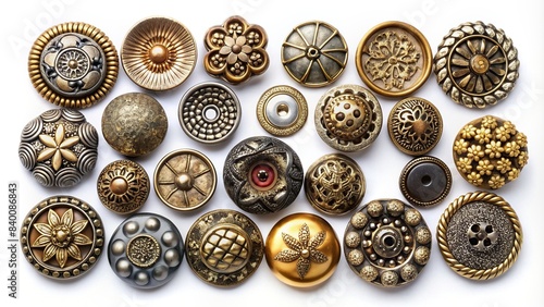 Collection of vintage metal buttons in various shapes and designs isolated on white background, metal, buttons, vintage, antique, isolated, set, collection, retro, classic, clothing