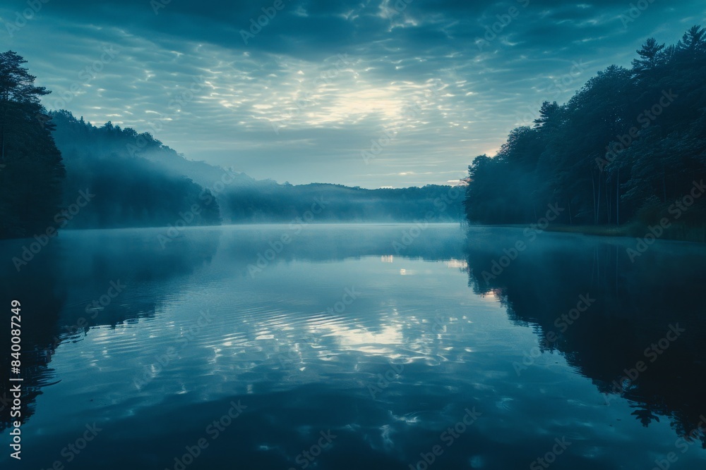 A foggy lake with trees, creating tranquil atmosphere