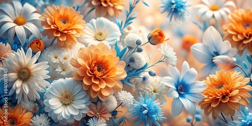 Abstract and calming floral background with a delicate texture featuring mixing colors of orange, white, and blue flowers, perfect for a postcard or banner , abstract, calming, pleasant photo