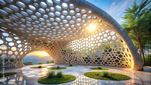 Perforated stone structure glowing in natural light, featuring organic design and modern aesthetic, stone, structure, illuminated, natural light, organic, design, intricate, patterns photo