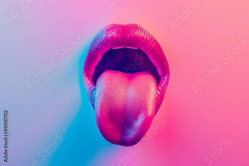 Healthy pink tongue sticking out, vibrant background, front view, showcasing normal oral health, futuristic tone, Triadic Color Scheme photo