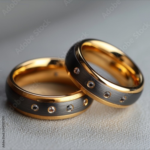 A pair of wedding rings. One of the ring has one diamond. The other ring has none. Each ring is crafted from a combination of black matte metal and yellow gold. Generative AI. photo