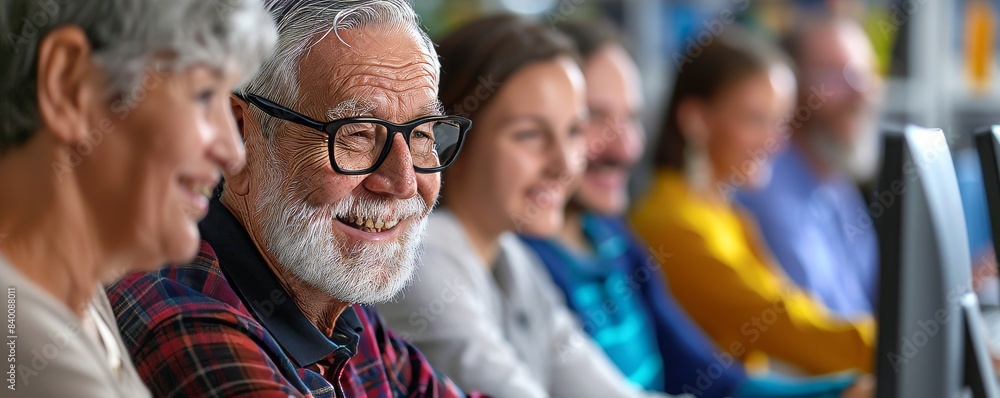 Several senior citizens attend computer and technology education classes. Several senior citizens attend computer and technology education classes.