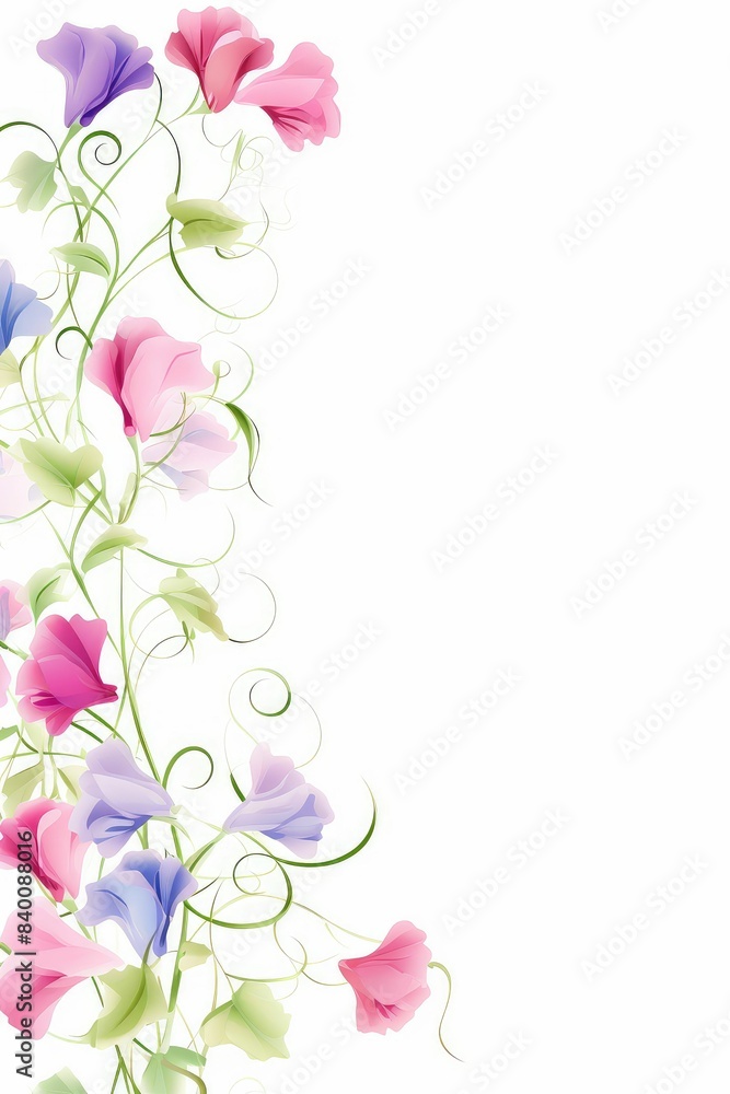 sweet pea themed frame or border for photos and text. pastel-colored blooms and curly tendrils. watercolor illustration, white color background. sweet pea themed frame or border for photos and text. pastel-colored blooms and curly tendrils. watercolor illustration, white color background.