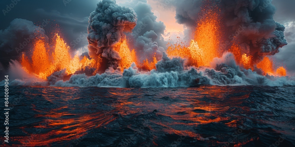 Witness a stunning volcanic eruption spewing lava into the ocean amidst the fiery glow of sunset Witness a stunning volcanic eruption spewing lava into the ocean amidst the fiery glow of sunset