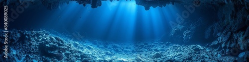 The sun is shining through the roof of an ocean cave photo
