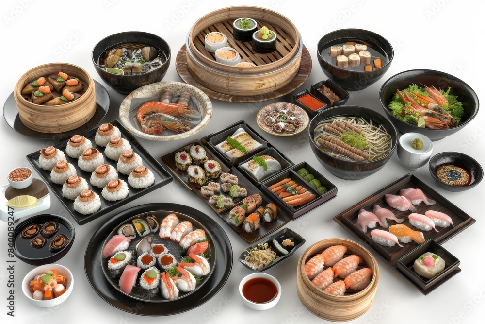 Lavish sushi and sashimi spread with assorted dishes, showcasing a luxurious Japanese dining experience, perfect for gourmet food lovers Lavish sushi and sashimi spread with assorted dishes, showcasing a luxurious Japanese dining experience, perfect for gourmet food lovers