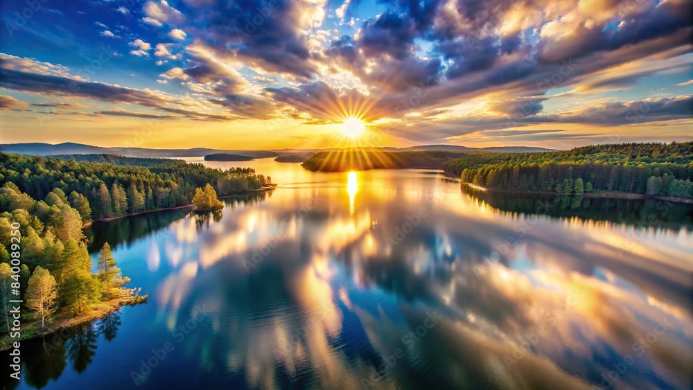 Impressionistic drone photo of shimmering sun over tranquil lake, blurred colors merging seamlessly , drone, photography, sun, lake, tranquil, shimmering, impressionistic, blurred, colors