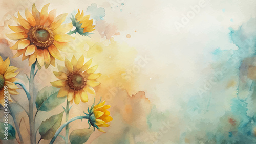 Minimalist background with a bouquet of watercolor sunflowers