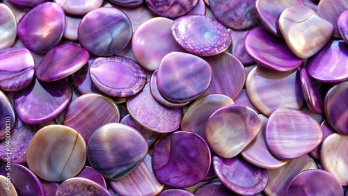 Top down view of purple mother of pearl pieces, mother of pearl, purple, top down, shiny, iridescent, natural, texture, background, elegant, luxury, decor, ornaments, jewelry, exotic, pattern photo