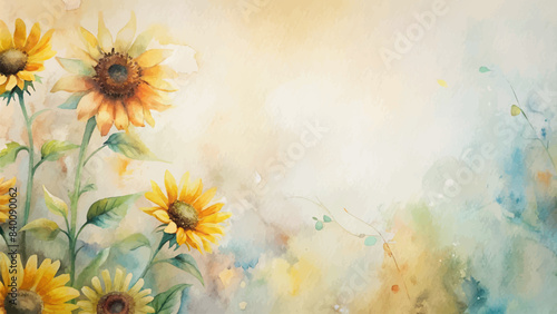 Minimalist background with a bouquet of watercolor sunflowers
