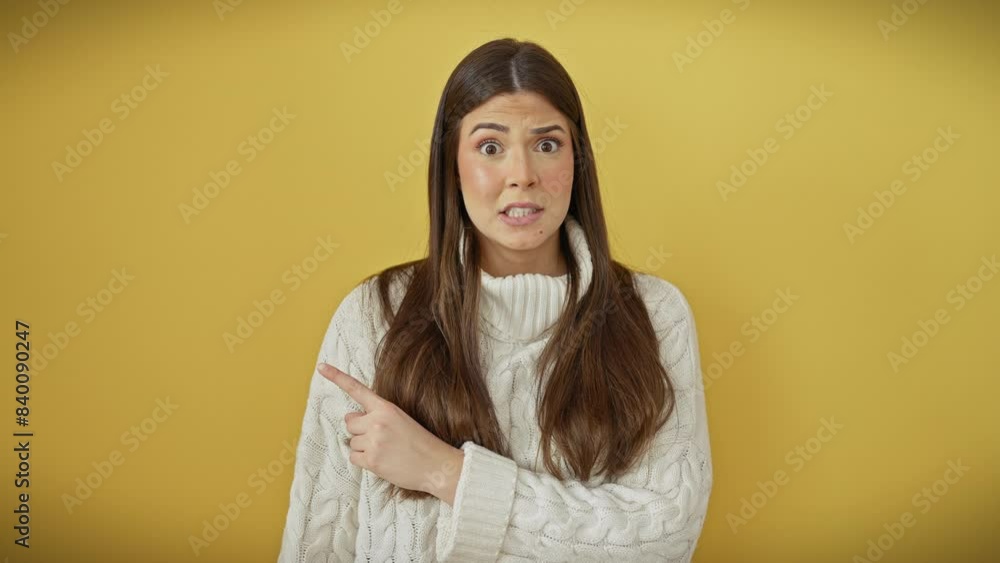 Worried expression creeps over beautiful young hispanic woman in sweater, pointing nervously aside with forefinger over isolated yellow background Worried expression creeps over beautiful young hispanic woman in sweater, pointing nervously aside with forefinger over isolated yellow background