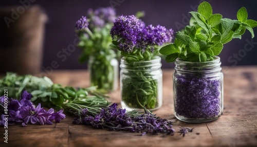 A beautiful display of colorful herbs with a mix of green and purple hues. The mint leaves stand out among the other flowers creating an enticing visual experience.