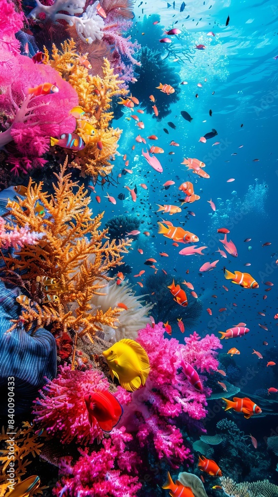 Obraz premium 9 Underwater coral landscape, diverse marine life, vivid colors, high resolution, close-up focus