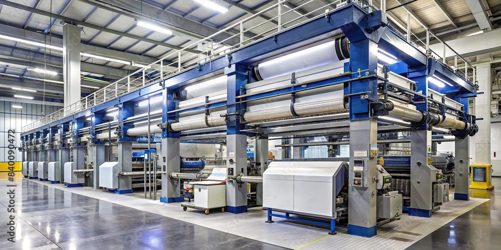 Large scale printing press in operation, industrial, machinery, manufacturing, technology, innovation, automated, commercial, production, equipment, printing, press, digital, precision